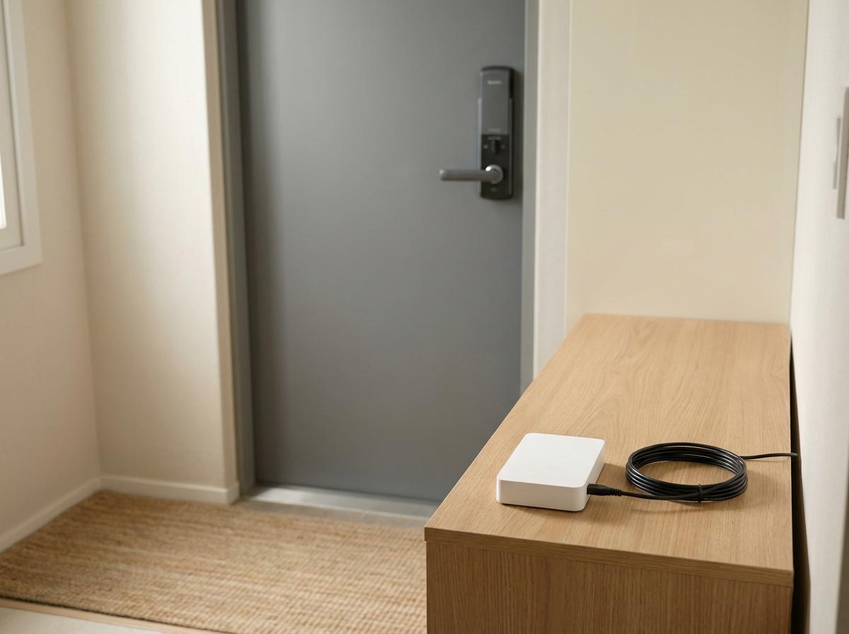 현관 옆 선반에 놓인 일반적인 무선 통신 장치