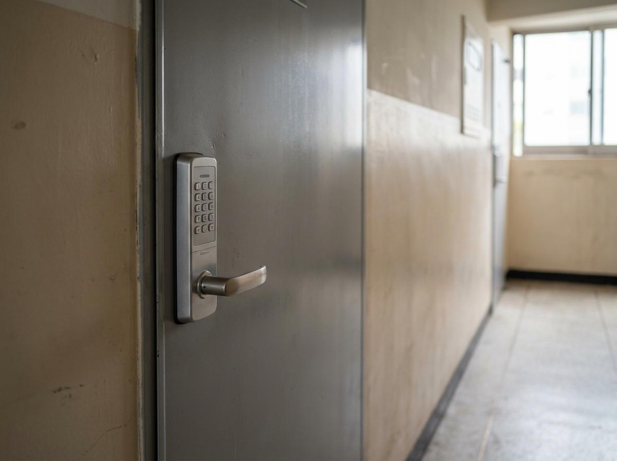 문 상태와 도어락을 함께 살펴볼 수 있는 아파트 현관